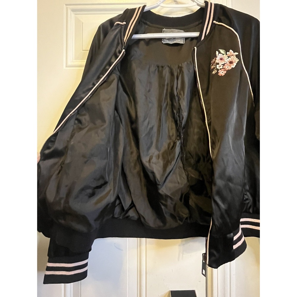 Black Satin Embroidered Peacock Cherry Blossom Bomber Jacket XL Ashley Coquette - Picture 8 of 11